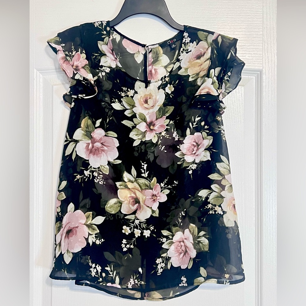 Cleo Sheer Black Floral Ruffle Sleeve Top